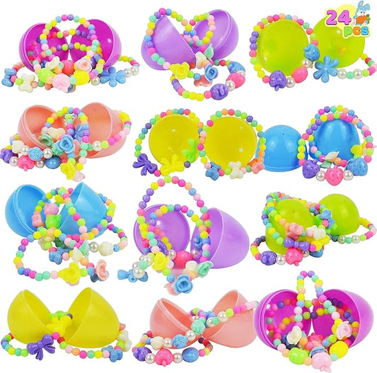 JOYIN 24 Pcs Prefilled Easter Eggs with Different Designs of Bracelets Girls Jewelry Set for Kids Easter Party Favor Easter Basket Stuffer Classroom Exchange and Prize Supplies (Candy)