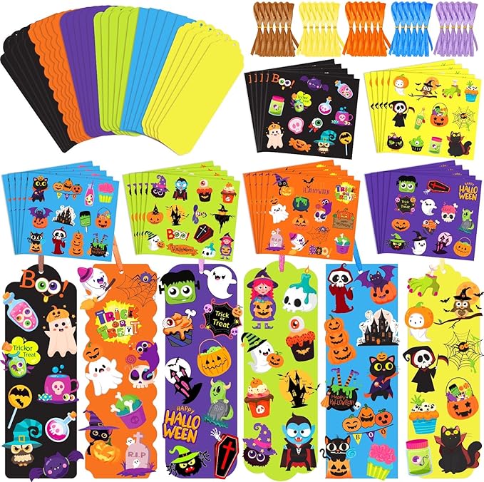 JUNEBRUSHS 30 Sets Halloween Crafts , DIY Halloween Bookmarks Craft Kits with Assorted Pumpkin Witch Ghost Bat Stickers Arts and Crafts Classroom Game Activities Halloween Party Favor