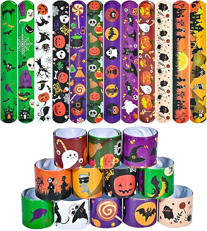 48pcs Halloween Slap Bracelets,Assorted Snap Bracelet Pumpkin Witch Wristbands for Kids Trick or Treat Halloween Party Favors Supply