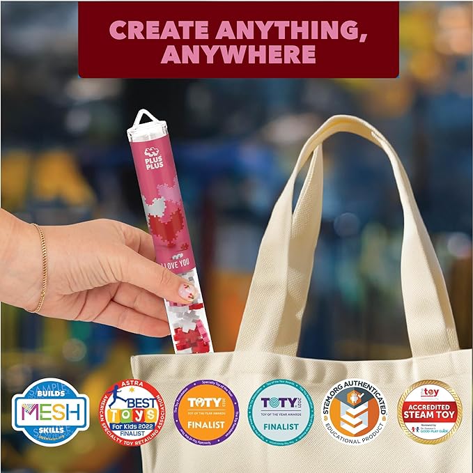 PLUS PLUS 3D Puzzle Building Block Set, 70 Mini Interlocking Pieces, Fun Holiday Activities for Kids - I Love You Hearts Mini Maker Tube