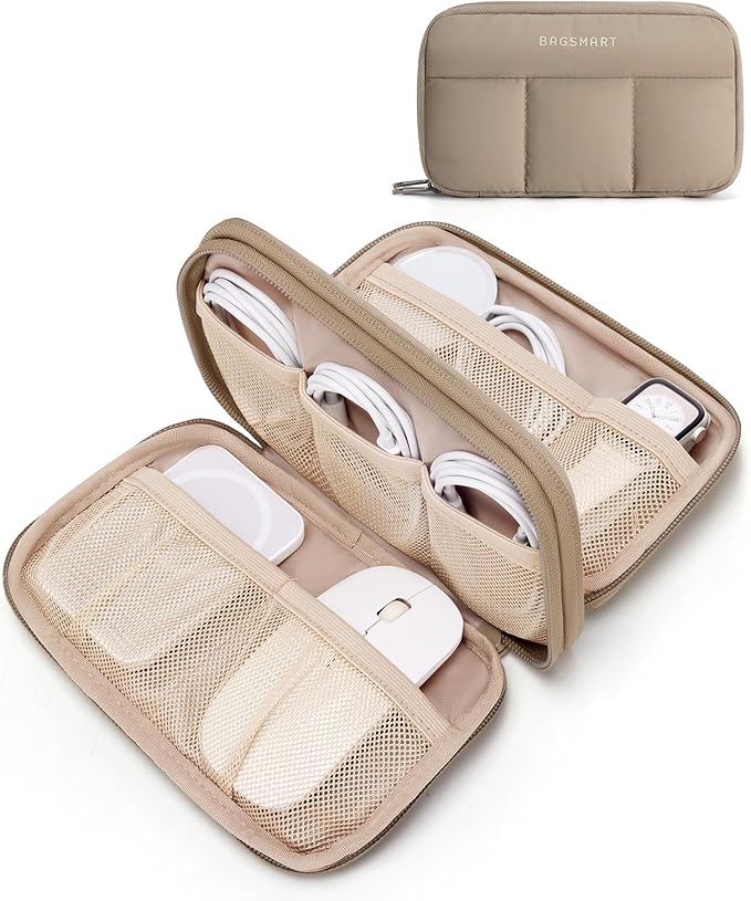 BAGSMART Electronics Organizer Travel Case, Cord Storage for Chargers Cables Phones, Compact Tech Accessories Pouch, Khaki
