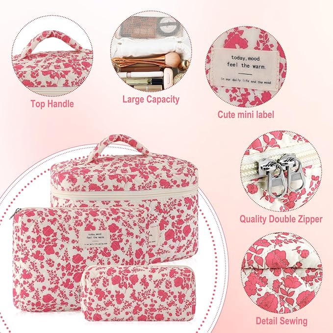 URSKYTOUS 3Pcs Cotton Quilted Makeup Bag for Women Large Small Travel Cosmetic Bag Set Cute Pink Floral Print Makeup Pouch for Purse Portable Skincare Bags Coquette Vintage Puffy Travel Essential