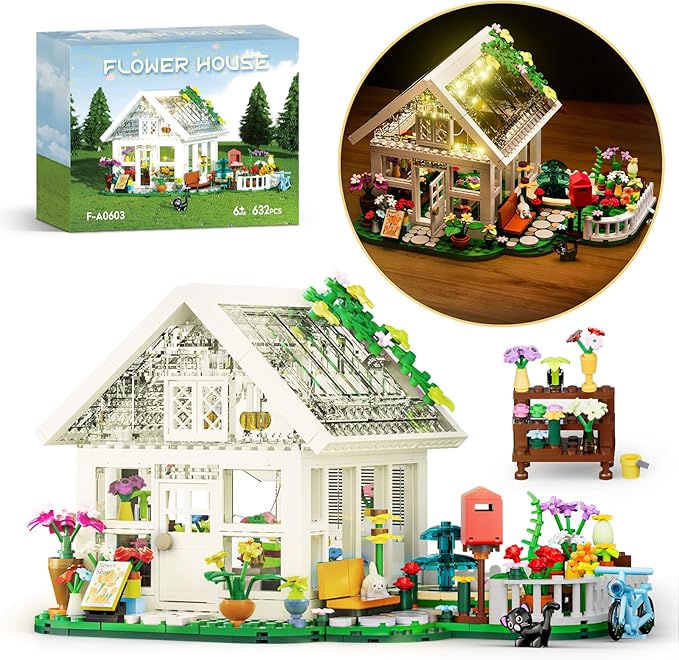 Flower House Building Set with LED Lights,Flower Shop Building Kits Creative Floral Greenhouse Kit for Girls Age 6+ (625PCS)