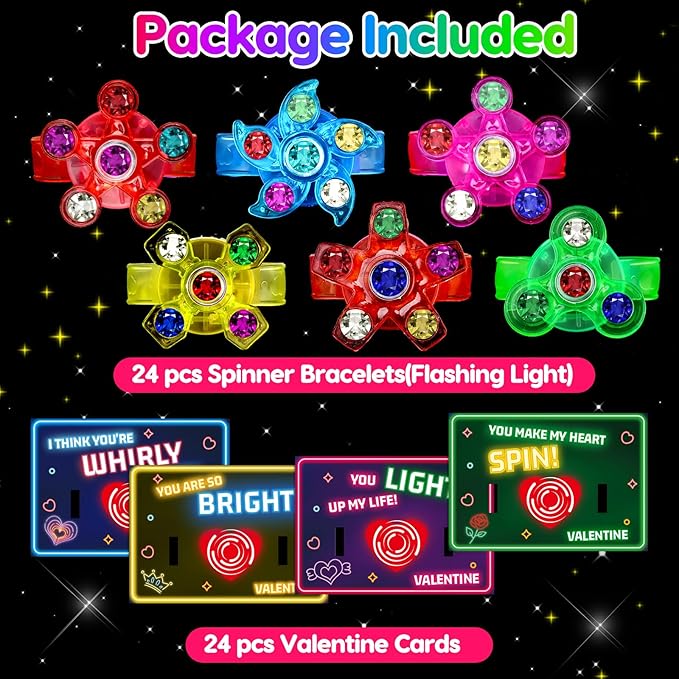 24PCS LED Light Up Fidget Spinner Bracelets Valentine Day Cards for Kids School Classroom Funny Valentines Exchange Gifts for Toddler Boy Girl Valentine’s Party Favors Bulk Treat Bag Stuffers