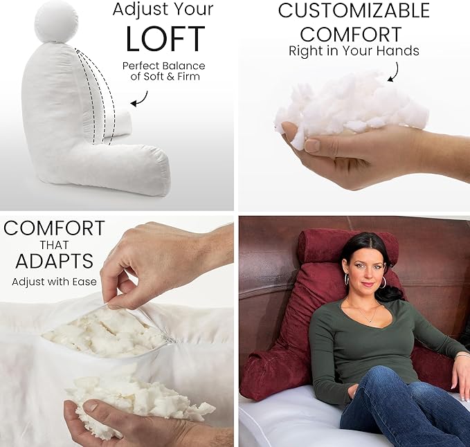 Husband Pillow XXL Aspen Edition, Adult Reading Sit Up Bed Rest Pillow for Bed with Arms & Neck Roll on Bungee Cord, Premium Memory Foam, Reversible 2 Sided Cover Micro Suede or Plush, Arizona Maroon