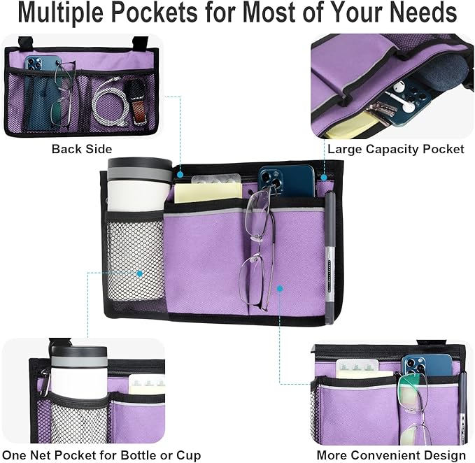 Wheelchair Side Bag, Armrest Storage Pouch with Cup Holder and Reflective Strip Use of Waterproof Fabric, for Most Wheelchairs, Walkers or Rollators (Purple)