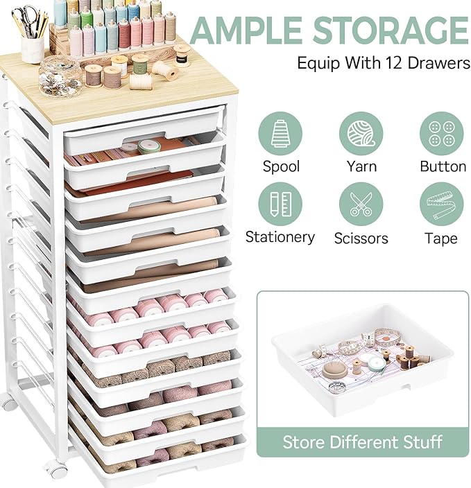 Rolling Cart with Drawers,12 Drawer Rolling Cart,Rolling storage cart with drawers,White Rolling Drawer Cart,Teacher Rolling Cart for Classroom Storage,Craft Cart with Wooden Tabletop