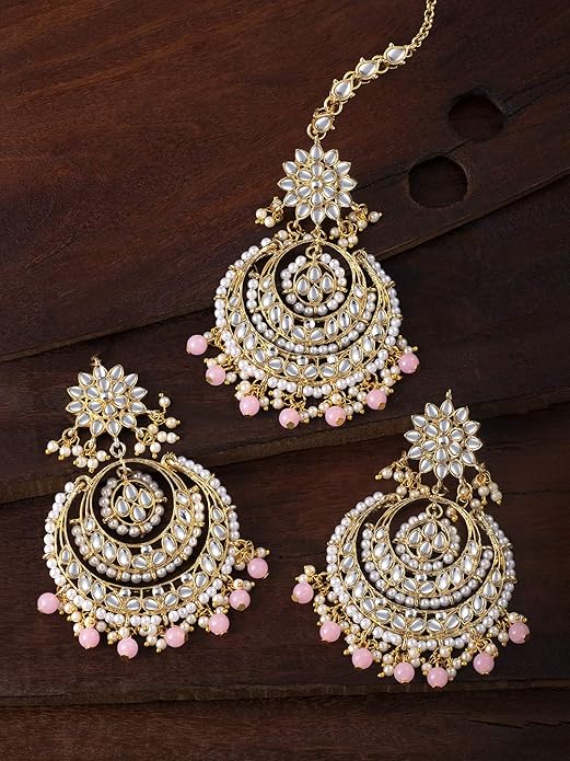 Aheli Bollywood Ethnic Chandbali Style Big Earrings Maang Tikka Set Traditional Fashion Jewelry Gift for Women