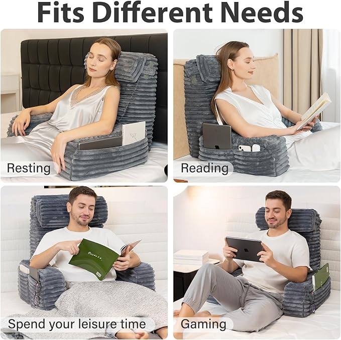 ENITYA 22" XL Back Pillow for Bed Sitting Up, Reading Pillow with Built-in Arms, Soft Back Support Chair, Ideal for Watching TV, Gaming, Nursing, Resting, Post Surgery, Dark Grey