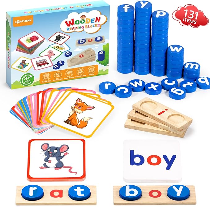 Wooden CVC Word Spelling Games, Educational Toys for 3-6 Years Old Kids，Kindergarten Learning Activities, See and Spell Learning Toys for Kids 3-5