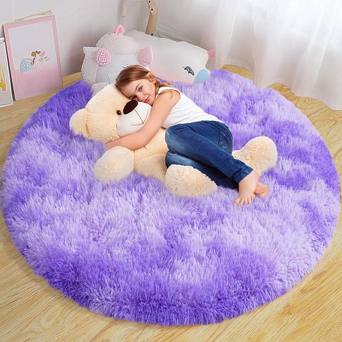 Xexsin Round Fluffy Rugs 6Ft for Girls Bedroom, Tie-Dyed Purple Shag Circle Kids Rug Non-Slip for Bedside Dorm Nursery Playroom, Soft Cute Area Rugs for Living Room Decor