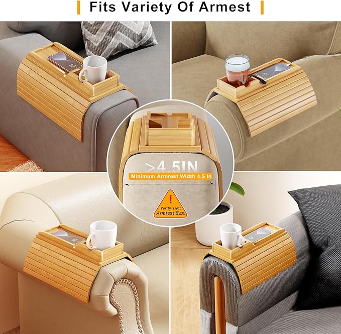 Bamboo Sofa Armrest Tray - Couch Arm Tray with Detachable Couch Cup Holder - 2 in 1 Anti-Slip Foldable Sofa Armchair Caddy Table for Drinks Cellphone TV Remote Snacks