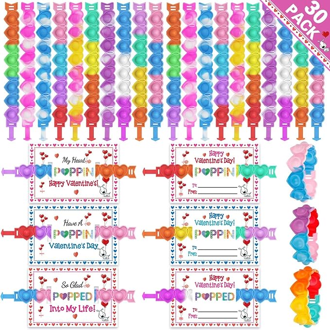 30 Packs Valentine's Day Cards for Kids with Heart Pop Bracelets Bubble Toys, Valentine's Day School Classroom Prizes, Valentine Exchange Gift, Kids Valentine Party Favors