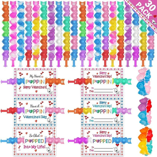 30 Packs Valentine's Day Cards for Kids with Heart Pop Bracelets Bubble Toys, Valentine's Day School Classroom Prizes, Valentine Exchange Gift, Kids Valentine Party Favors