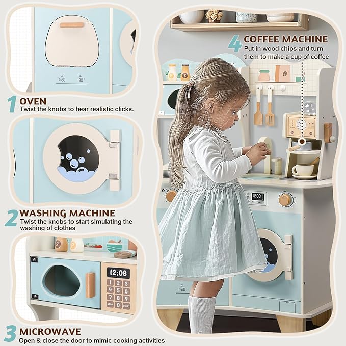 Ktaxon Wooden Play Kitchen with Coffee Maker, Pretend Kitchen Playset for Kids with Toy Washing Machine, Oven, Microwave & Cooking Set Accessories for 3+ Years
