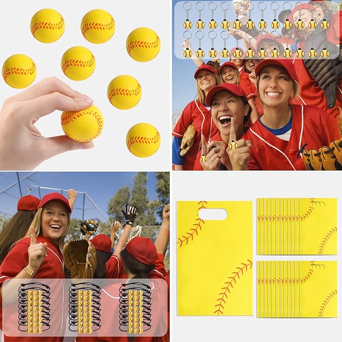295 Pieces Softball Party Favors Supplies Set Bulk Mini Softball Slap Bracelet Tattoo Sticker Keychain Adjustable Bracelet Goodie Bag Fillers for Sports Softball Party Gifts Bags (Softball)