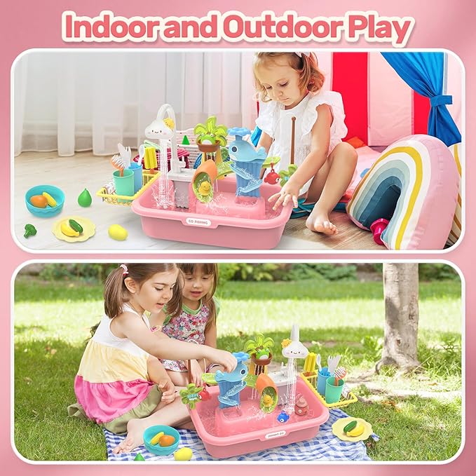 HOLYFUN Play Sink with Running Water, Kitchen Sink Toy with Upgraded Electric Faucet, Water Slide Track, Fishing Game Pool, and Floating Toys for Pretend Play,Dishwasher Toy for Kids and Toddlers