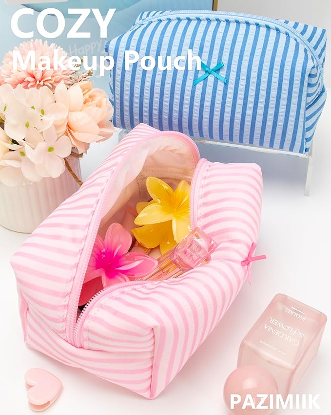 Cozy Makeup Bag Small Aesthetic Travel Zipper Cosmetic Pouch for Women Make Up Beauty Accessories Brushes, Stripe Cute Pink