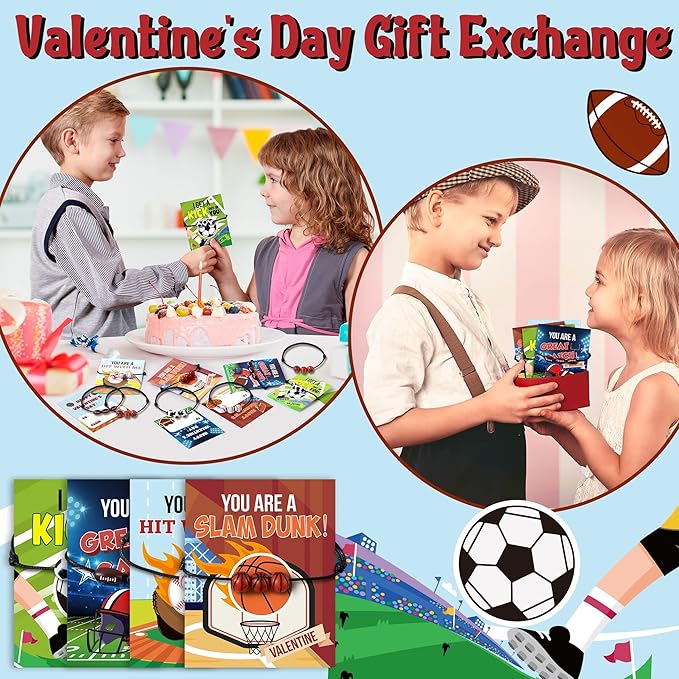 ANGOLIO 56Pcs Valentine's Day Cards for Kids with Ball Sport Bracelets, Valentine Exchange Gifts Classroom with Football Basketball Bracelets, School Friends Exchange Gift Party Favors for Girls Boys