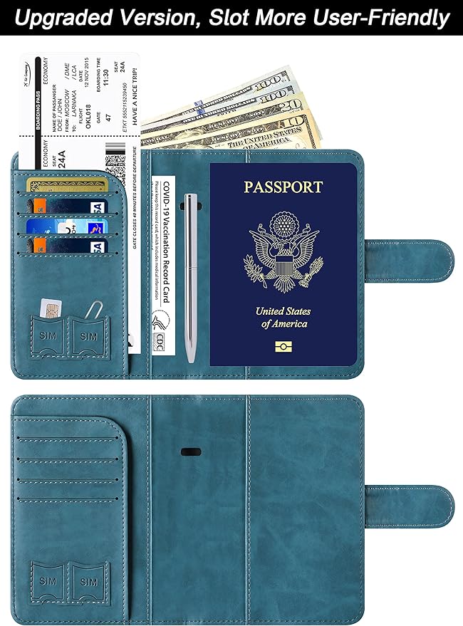Airtag Passport Holder Cover Wallet Travel Essentials Leather Rfid Blocking Case Vacation Luggage Must Haves Travel Accessories for Men Women (117#Blue)