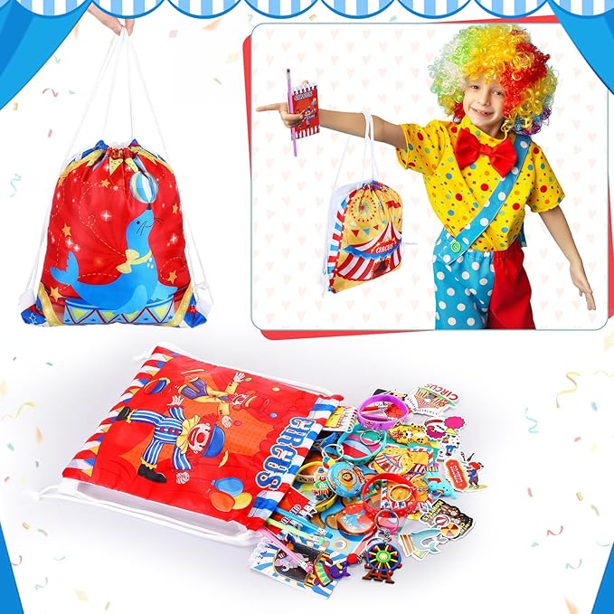 Cholemy 91 Pcs Circus Carnival Party Favors Include Circus Clown Animal Keychains Rubber Bracelets Stickers Button Pins Mini Notebooks Drawstring Bags Backpack Flexible Soft Pencil for Party