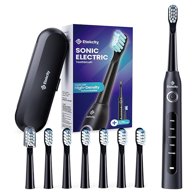 Etekcity Electric Toothbrush for Adults and Kids, 8 Soft High-Density Brush Heads, Fast Charge 2.5 Hours Last 30 Days, 2 Minutes Smart Timer, 5 Modes & Travel Case, Black