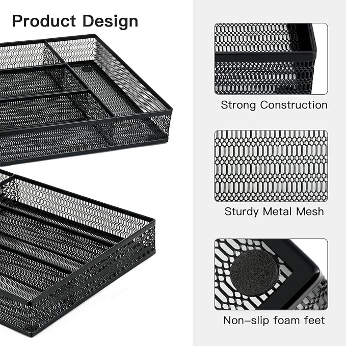 Neudeco Drawer Organizer Set 6 Pack - 5-Compartment Silverware Organizer Tray + 5 Utensil Trays, Kitchen Drawer Organizer for Flatware, Cutlery, Office Supplies, Black Mesh, Non-Slip.