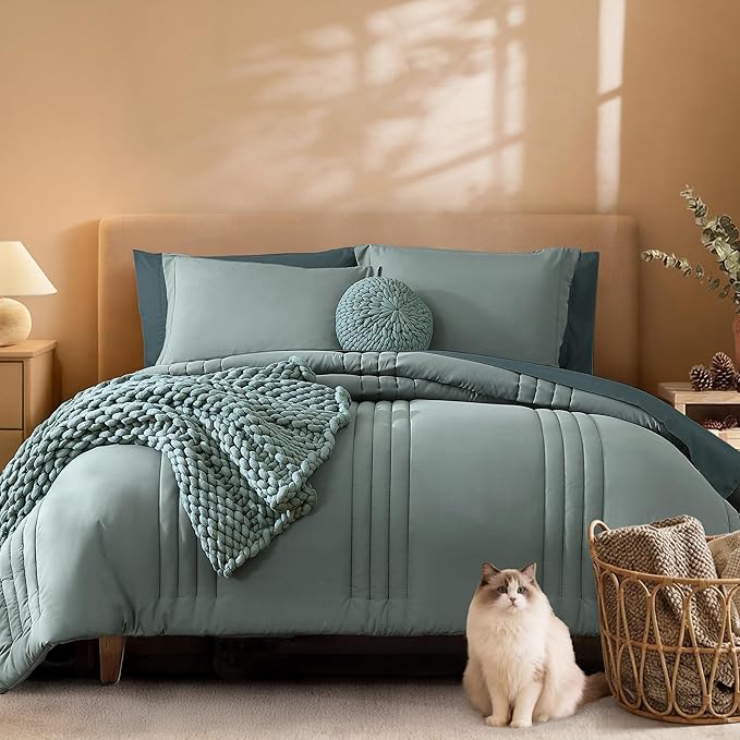 Monbix King Size Comforter Set - 7 Pieces Bed in a Bag King, Sage Green Bedding Sets with Comforter, All Seasons Comforter Bed Set with Sheets, Pillowcases & Shams