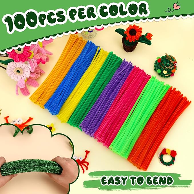 Hssugi Green Pipe Cleaners, 100PCS Pipe Cleaners Craft Supplies, Glitter Golden Pipe Cleaners Bulk Fuzzy Sticks for DIY Art and Craft Projects Home Decoration