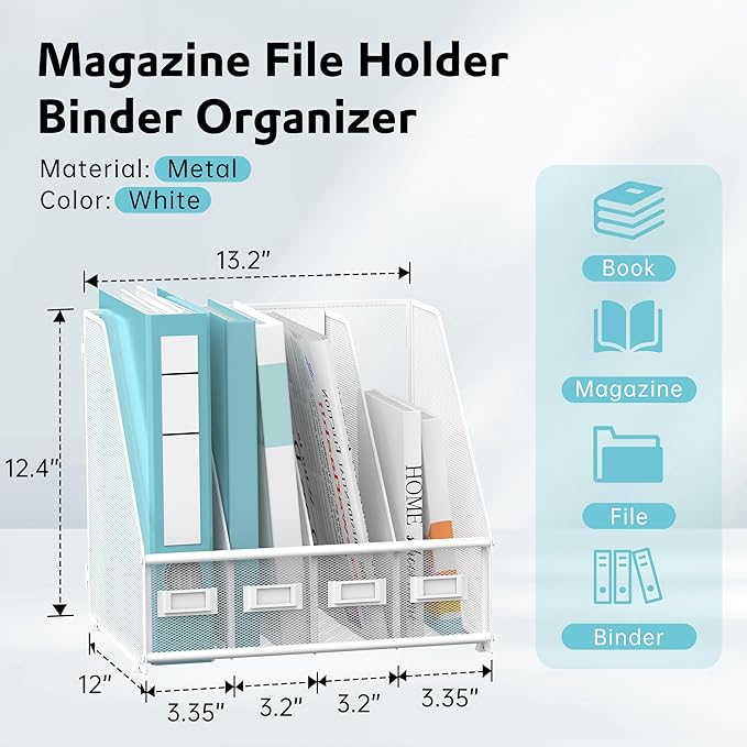 SUPEASY Magazine File Holder, Binder Holder Metal Desk Organizer with 4 Rack Compartments, File Organizer for Office Home School, White
