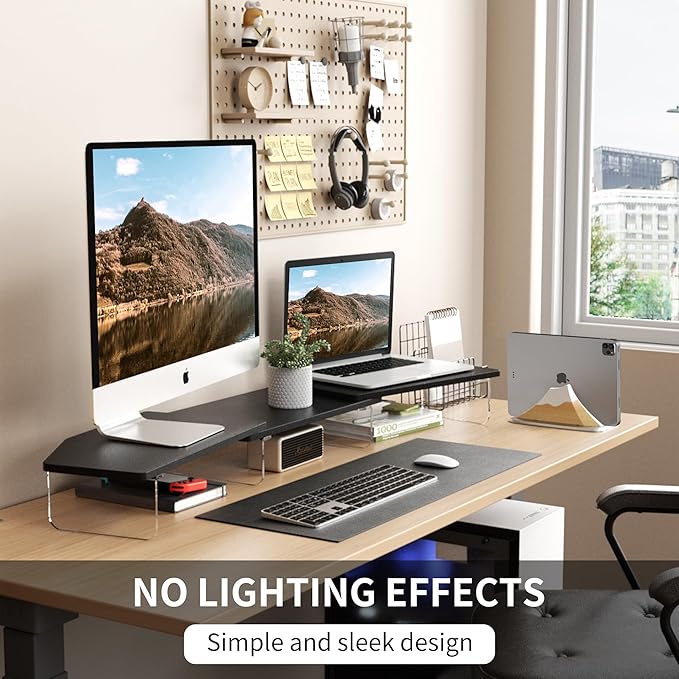 AFOOYO LED Dual Monitor Stand Riser for 2 Monitors, Office Desktop Wooden Stand Adjustable Length and Angle 3 Shelf, Extra Long Multifunctional Stand up to 44.4" for Computer, Laptop, TV, Black