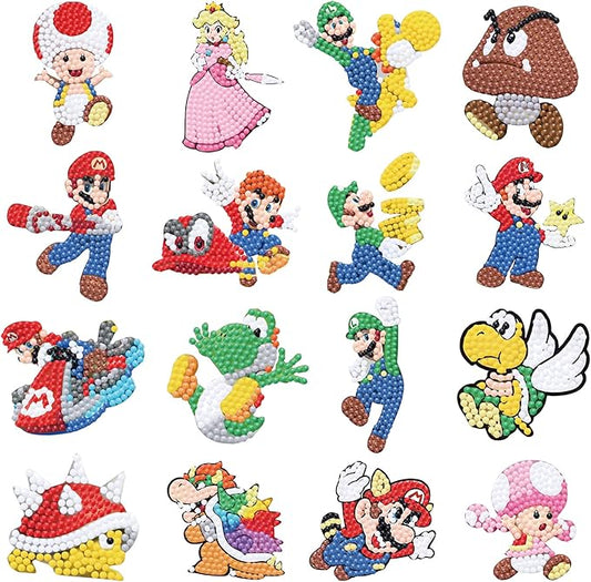 16 Pcs Diamond Art Stickers Kits for Kids, DIY Cartoon Paint by Numbers Diamonds Mosaic Stickers for Kids Arts Diamond Craft Stickers for Kids and Adult Beginners