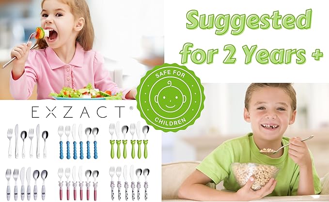 Exzact Kids Flatware 6 Pieces Stainless Steel Children Silverware 2 x Forks, 2 x Knives, 2 x Spoons,Toddler Utensils, Dishwasher Safe, 24 Months+ (Dinosaurs Engraved)