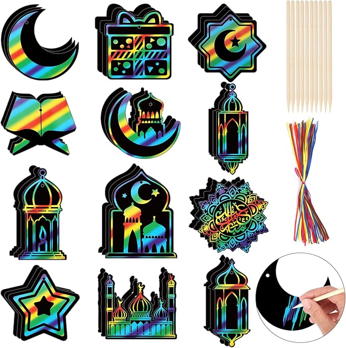 HOWAF 36pcs Ramadan Mubarak Scratch Paper Art Kit, Eid Mubarak Rainbow Scratch Off Cards for Eid Holiday Activity School DIY Drawing Project Supplies, Ramadan Kareem Paper Scratch Pad for Kids