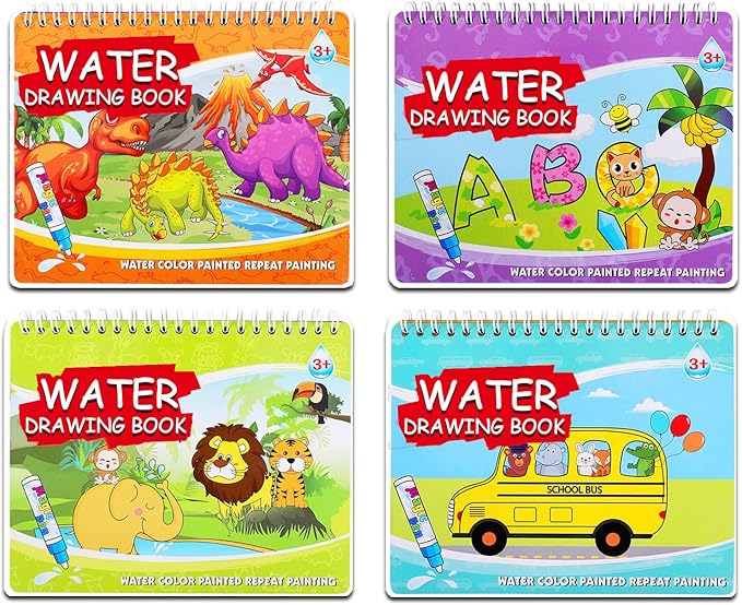 4 Pack Water Drawing Book,Water Coloring & Doodle Book,Reusable Water Reveal Activity Books for Kid,Painting Color Wonder Coloring Books,Gift for Girl & Boy for 3 4 5 6 7 Year Old