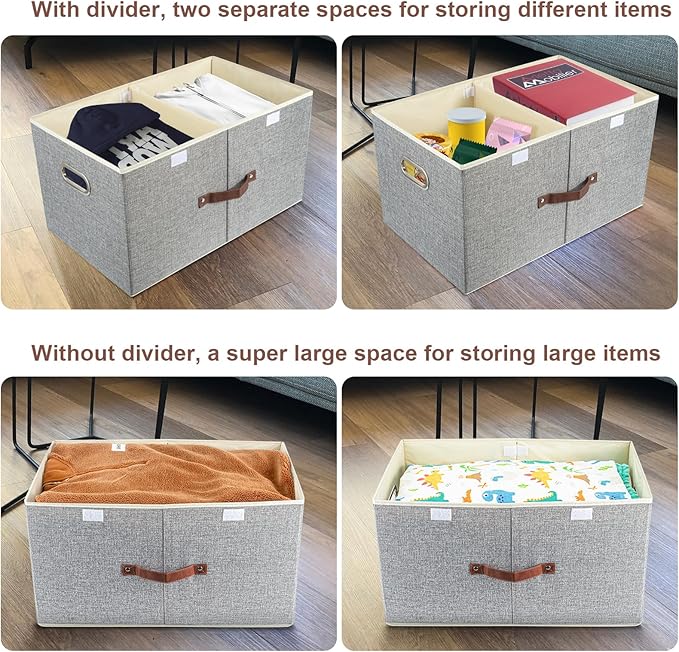 TYEERS Extra Large Collapsible Storage Bins with Lids and Compartments, Washable, Fabric Storage Boxes, 21.7x13x11.8 inches, 1 Pack, Gray