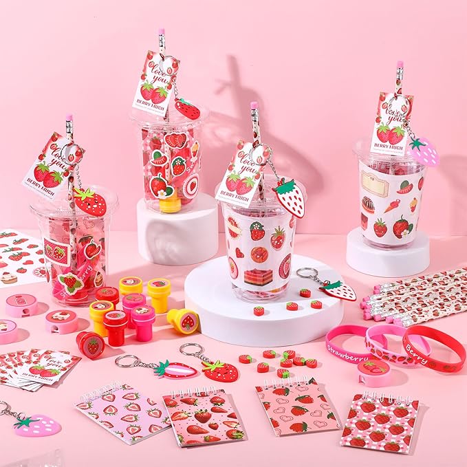 Colarr 161 Pcs Strawberry Party Favors School Stationery Set Includes Gift Cup Notebook Pencil Sharpener Eraser Keychain Stamp Slap Bracelet Sticker Card Valentine's Day gift for kids Child Supplies