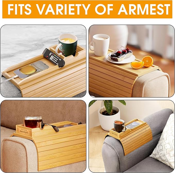Bamboo Couch Cup Holder Tray with 2 Cork Coasters, Caddy, Anti-Slip Foldable Armrest Sofa Tray, Anti-Spill Holder for Remote, Snacks, Cellphone - Ideal Gift
