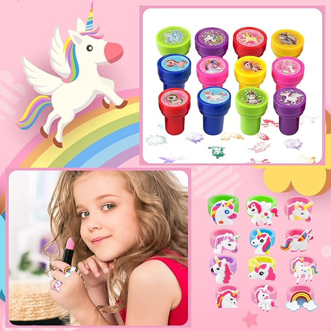 122pcs Unicorn Party Favors for Kids, Unicorn Party Decorations, Includes Unicorn Stampers for Kid, Slap Bracelets, Rings, Stickers, Luggage Sticker Unicorn Party Supplies for Birthday Gift