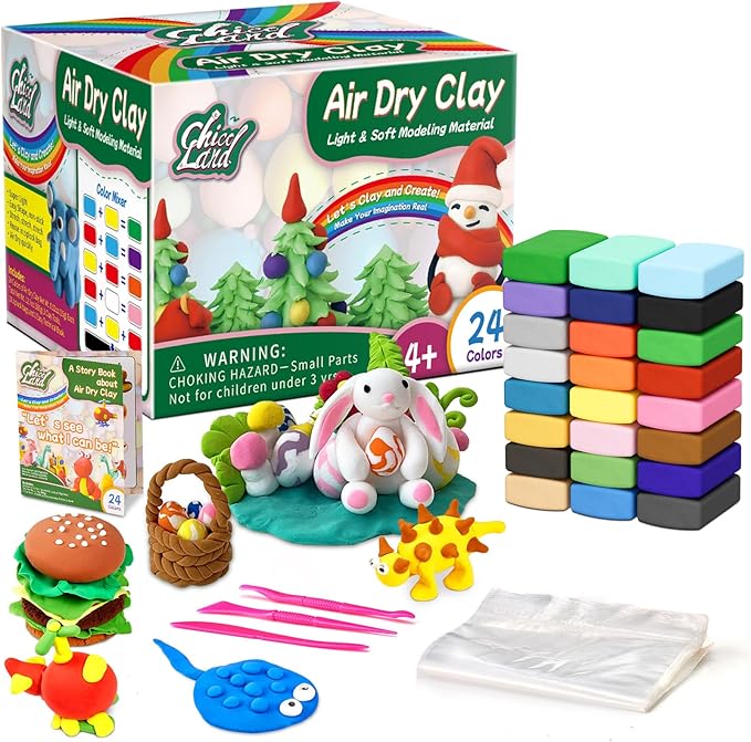 Chico Land Clay Kit - 24 Colors Air Dry Clay, Gift for Boys & Girls Age 4+ Year Old, DIY Model Modeling Clay kit for Kids, with Sculpting Tools, Storage Bags, Kids Art Crafts