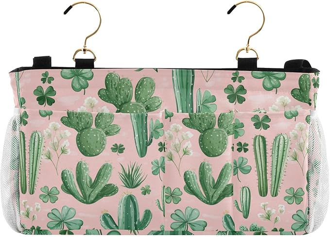 Floral Pink Cacti and Clovers Bedside Caddy for Dorm Bed Bedside Hanging Caddy Bag Iron Frame Storage Organizer Pocket for Bunk Home College Hospital Beds 2 Hooks