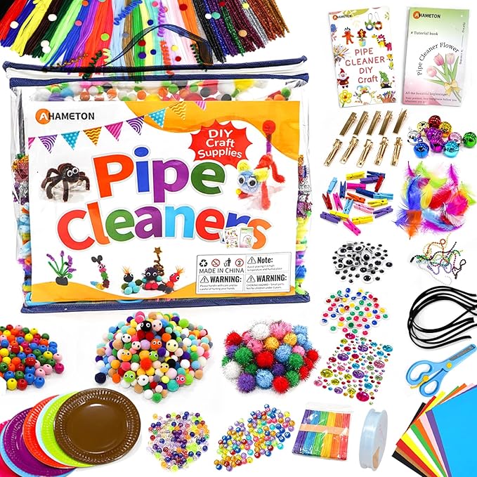 Kids DIY Arts & Crafts Rich Materials 1300+ Pcs Including Feathers, Pipe Cleaner,Wiggle Eyes, Pompoms, Colours Paper,Bells, Sticks,Beads for Chenille Stems and More Crafting Items Supplies