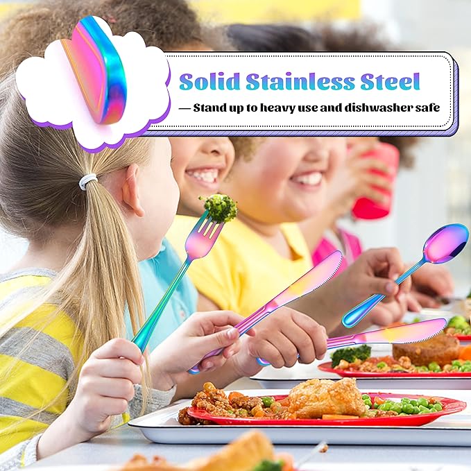 E-far 6-Piece Kids Silverware, Stainless Steel Toddler Utensils Safe for Preschooler/Children, Includes 2 Forks 2 Spoons 2 Knife, Slimline Adult Look & Small Size, Rust Free & Dishwasher Safe-Rainbow