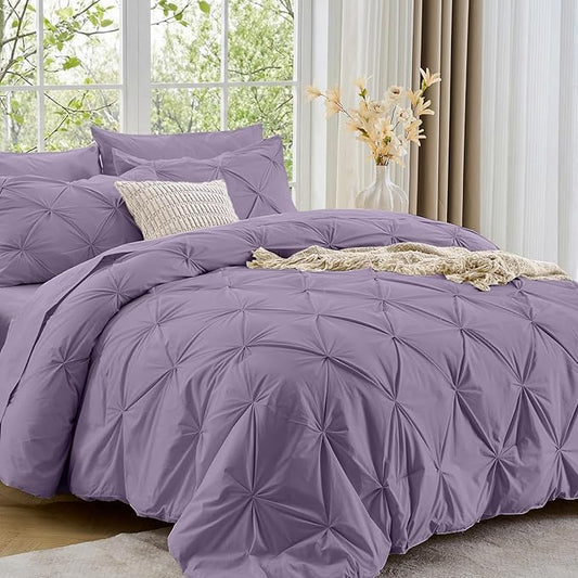 Sasttie Full Size Comforter Set, 7-Piece Bed in a Bag, Pintuck Bedding Set for All Season, Includes Comforter, Flat Sheet, Fitted Sheet, Pillowcases and Pillowshams, New Purple