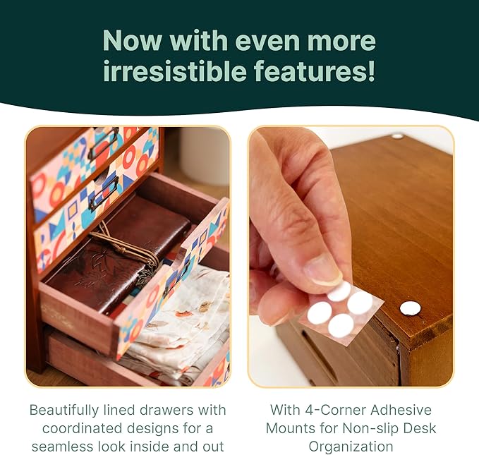 Add Color To Your Desk - MCM Geometric Wooden Desk Organizer - Desktop Storage with 4-Drawer - Wood Cabinet for Office Supplies, Craft Tools, & Home, Countertop, Tabletop Organization