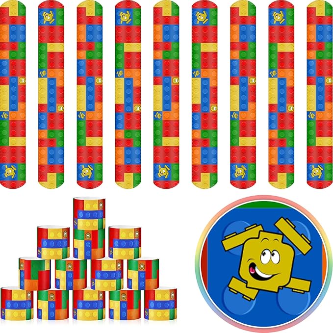 Civaner 24 Pieces Color Brick Party Slap Bracelet Colorful Building Blocks Pattern Slap Bracelets for Building Blocks Party Favors Slap Bracelet Party Supplies for Kids Teens Adults