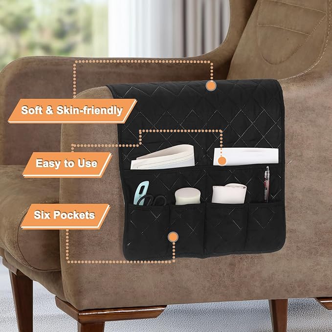 uxcell Couch Sofa Armrest Organizer Non-Slip Chair Arm Recliner Remote Control Organizer with 6 Pockets for Books, Magazines, Tablet, Phone, Plaid Black