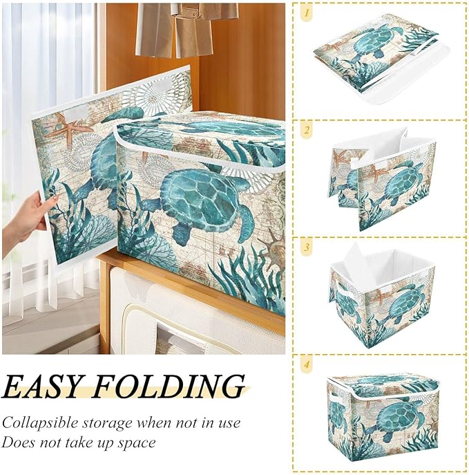 senya Large Storage Bins with Linen Collapsible Foldable Storage Cubes Fabric Closet Organizer Containers box with Flip-Top Lid for Home Bedroom Office 16.7 x 12.6 x 11.8in (Sea Turtle)