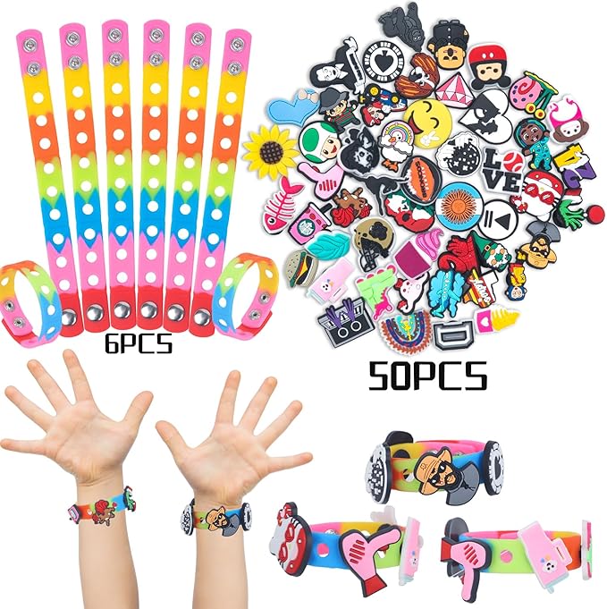 74PCS Shoe Charms Theme Party Favors, Shoe Keychain Charms Bracelets for Kids Silicone Wristbands