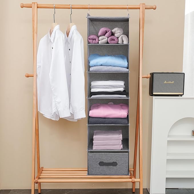 Large Hanging Sweater Organizer for Closet,Collapsible 6-Shelf Hanging Closet Shelves with Drawers, Washable (Grey-6 Shelf-1 d)